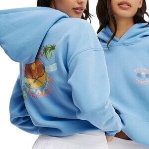 Plush Graphic Tennis League Hoodie — Soft Blue Oversized Fleece L NWT